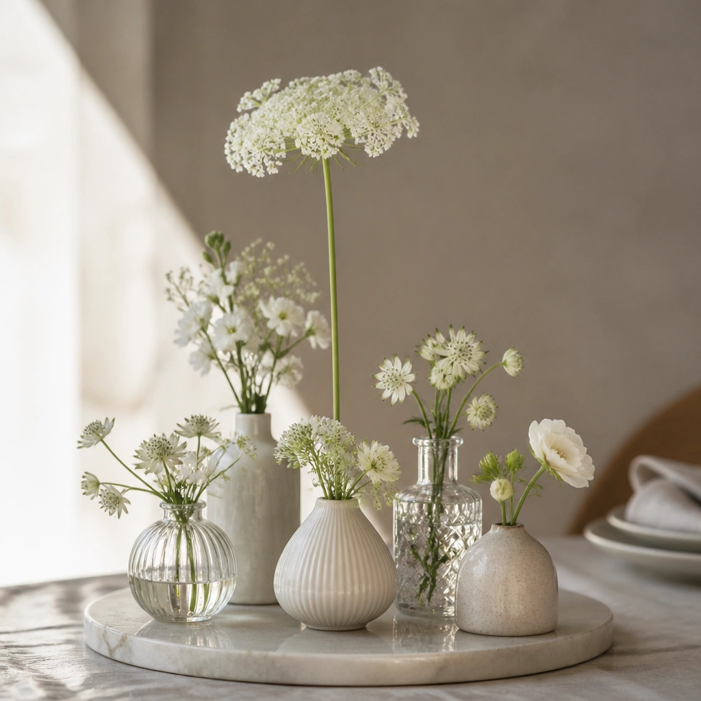 A centerpiece with several bud vases in different textures (glass, ceramic) holding small white flowers, while one tall statement stem rises slightly above them.