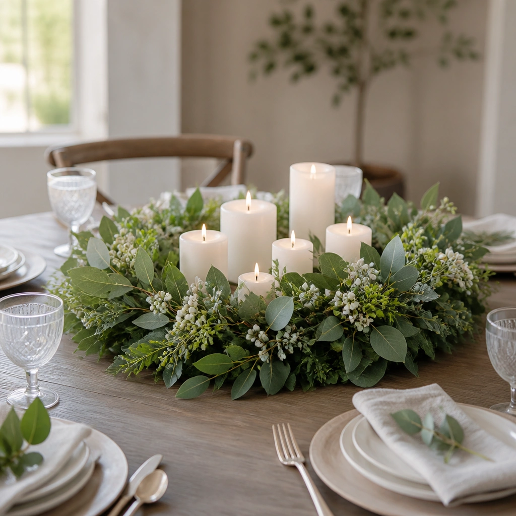 A halo of faux greenery wraps around the center of a round table, with small white pillar candles inside and a few berry accents.