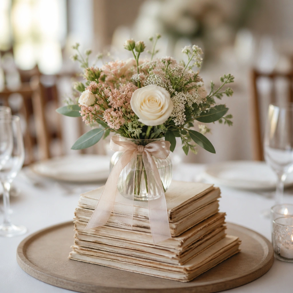 A round table centerpiece with stacked vintage book pages forming a small pedestal, topped with a mini bouquet in a small glass vase and a ribbon tie.