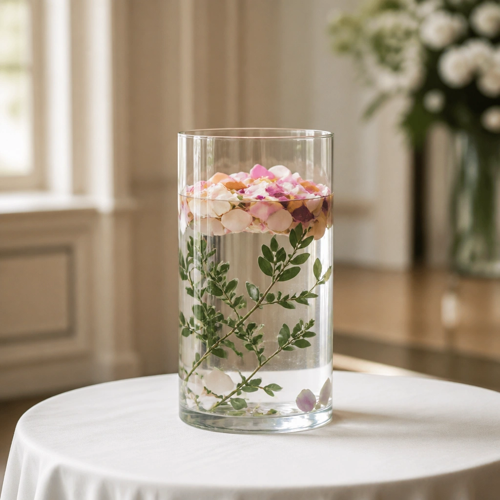 A clear cylinder vase on a round table filled with water and floating petals confetti, with a few small greenery sprigs attached to the inside.