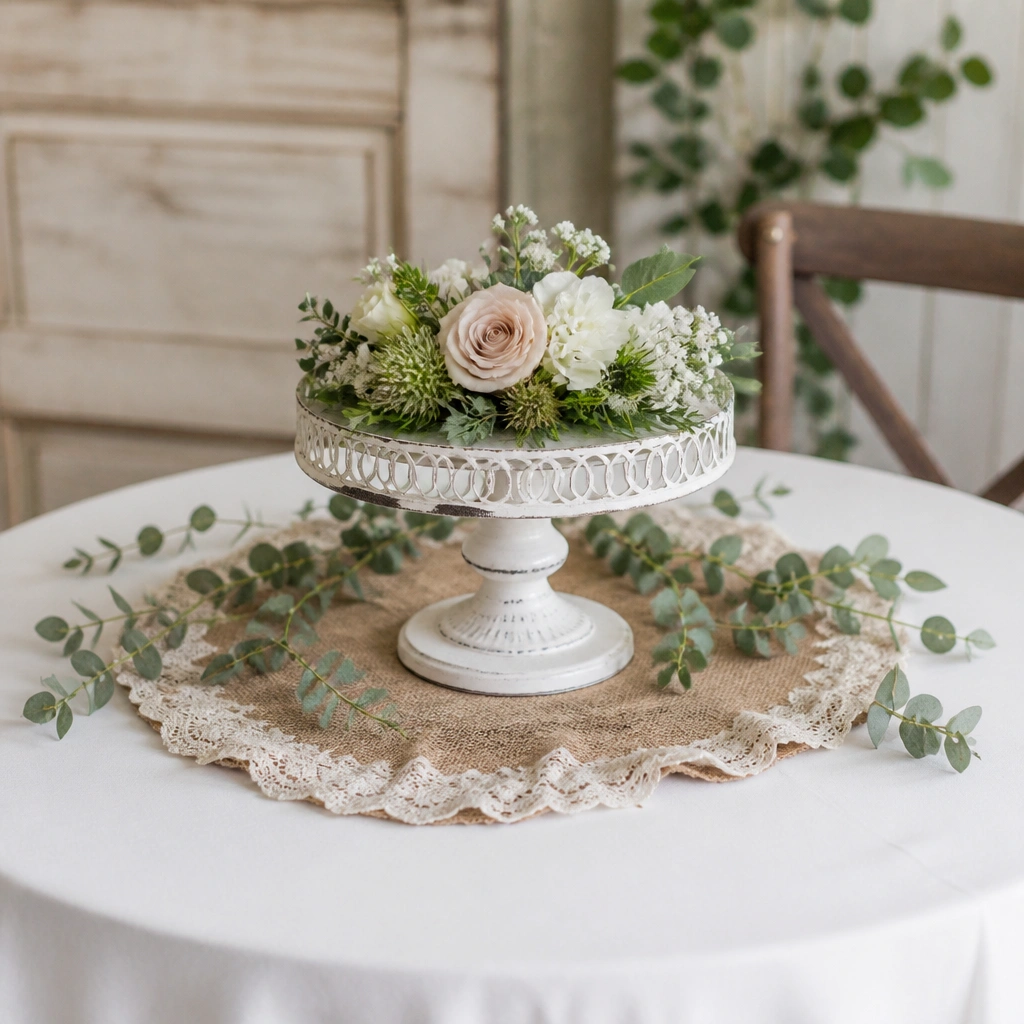 A white metal cake stand in the center of a round table holding a small low floral topper, with a burlap lace doily underneath and scattered greenery.