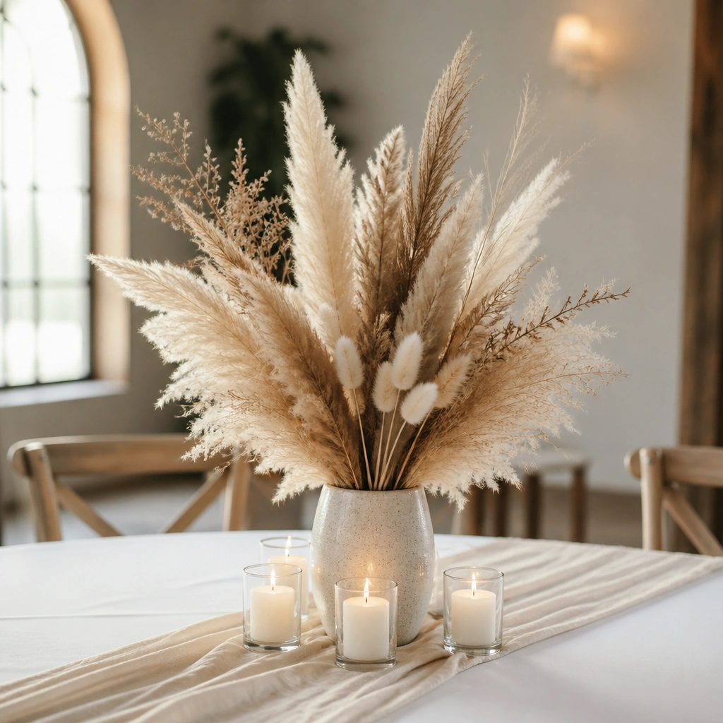 A round table centerpiece with a bundle of neutral pampas grass in the center, flanked by three short candles in glass holders, with a beige runner.
