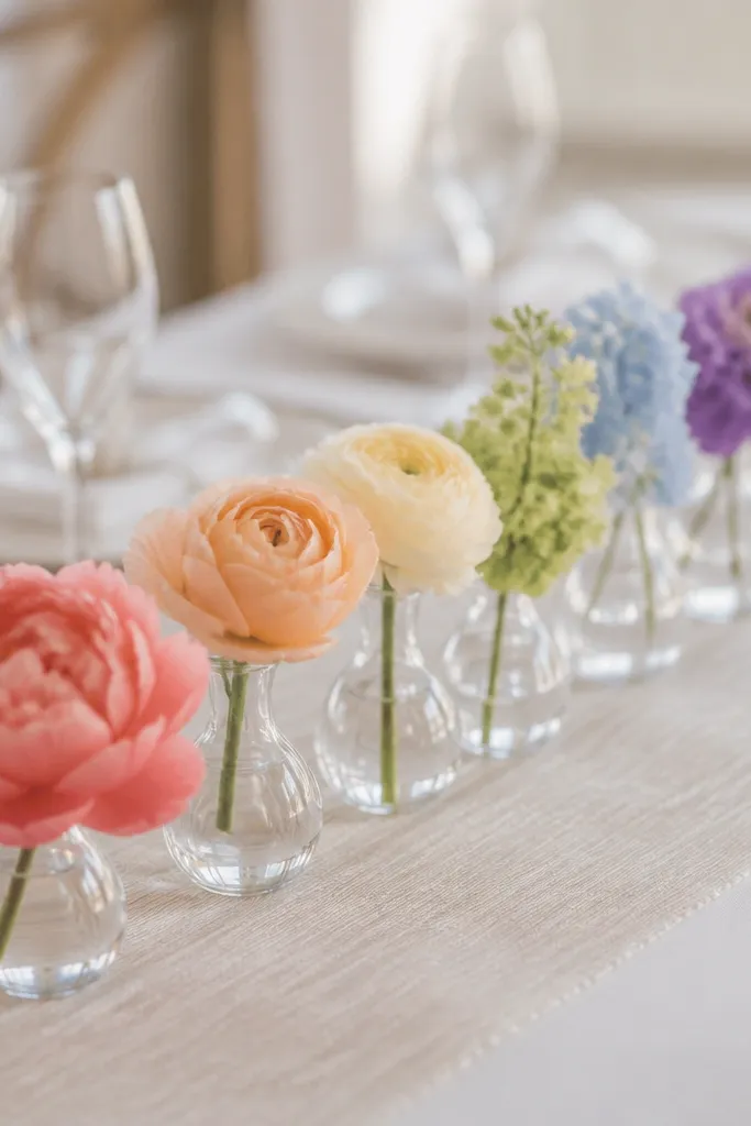 A row of small clear glass bud vases, each holding a single statement flower in matching color, arranged down a wedding table runner.