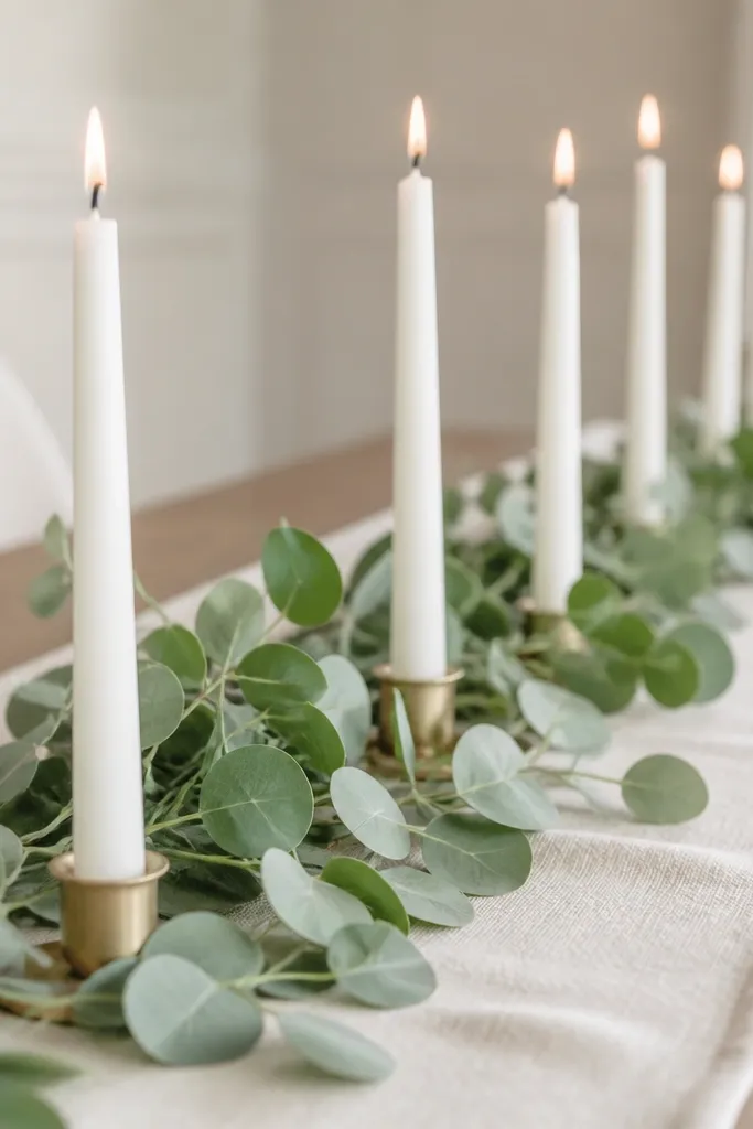 Several taper candles lined up on a table runner with faux eucalyptus leaves draped along both sides, soft white and green tones.