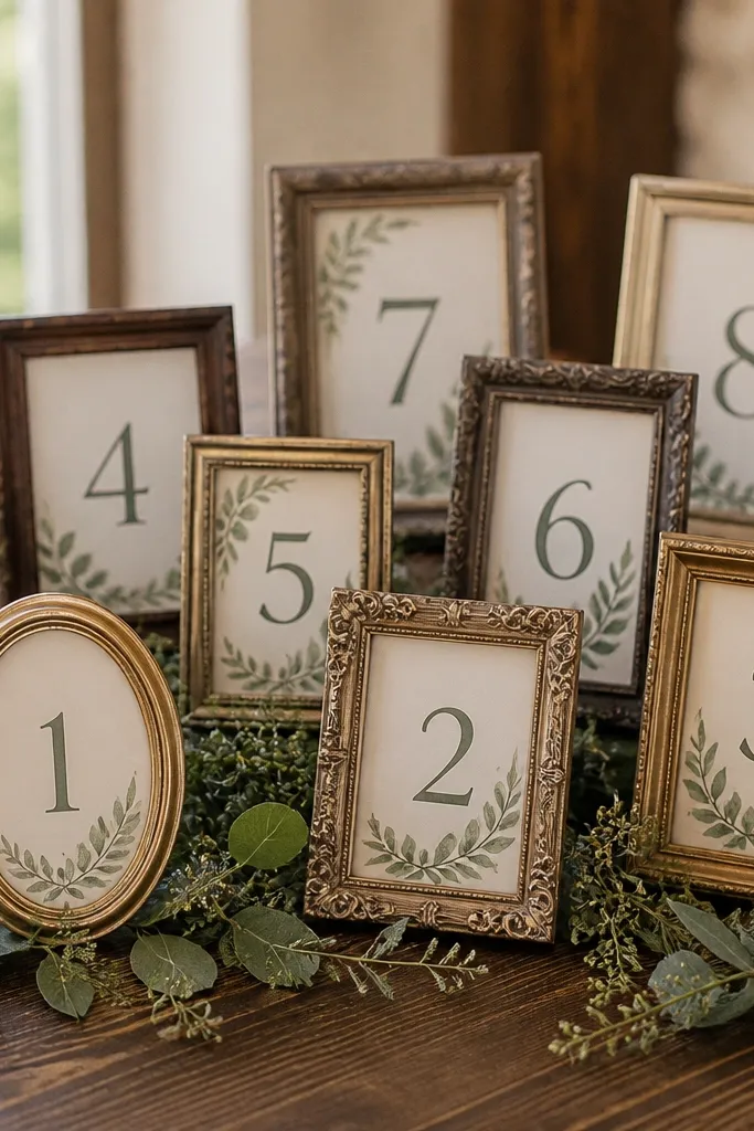 An assortment of small thrifted frames placed on a wooden table, each holding a printed table number card with greenery around the base.