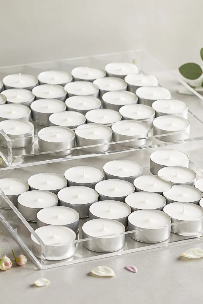 Clear acrylic trays filled with many white tea lights, with small scattered petals and a few sprigs of greenery around the perimeter.
