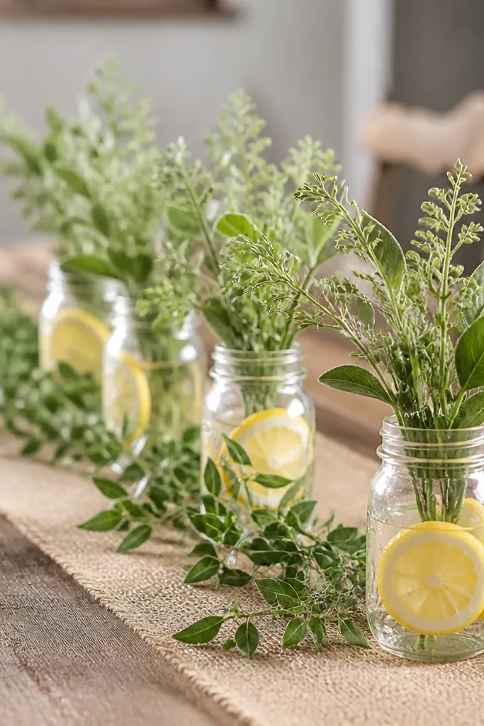 Mason jars with faux lemon slices and greenery, set along a burlap runner on a rustic table.