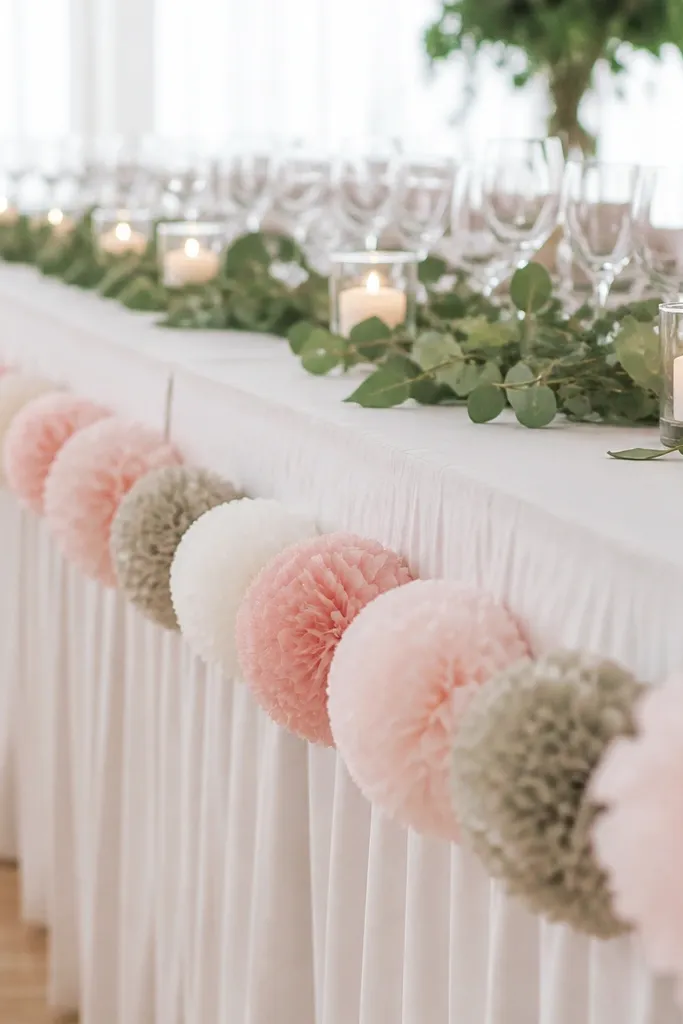 A soft garland of paper or fabric pom-poms draped along the edge of a long wedding table with small candles in the center.