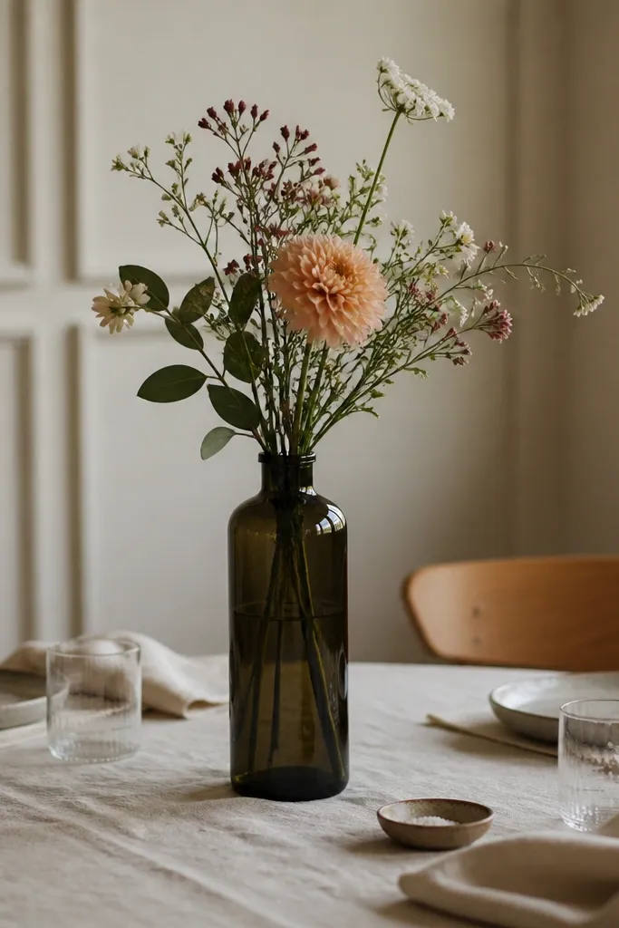 A tall dark glass bottle holding a small bouquet, placed in the center of a table with linen napkins and minimal accents.