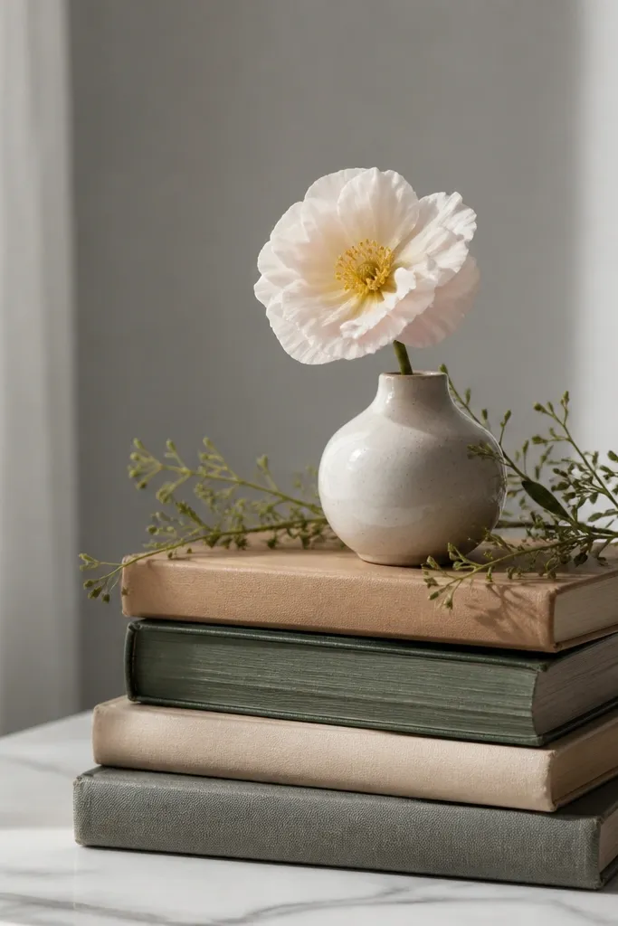 A stack of hardcover books topped with a small vase holding one flower, with thin greenery tucked around the base.