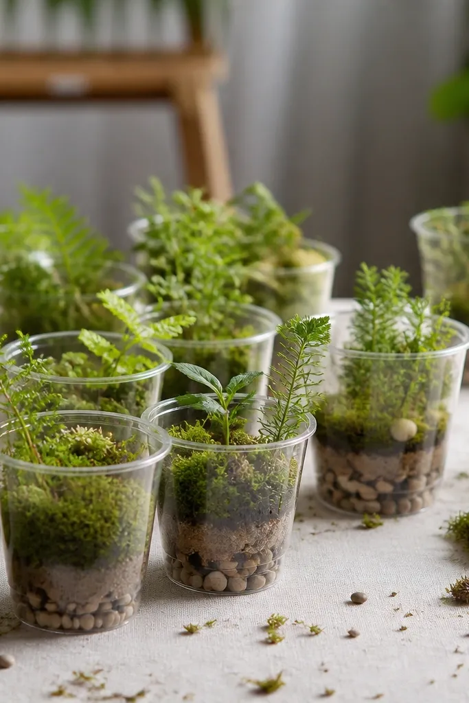 Clear plastic cups filled with small faux moss, pebbles, and tiny greenery arranged as mini terrariums across a table.