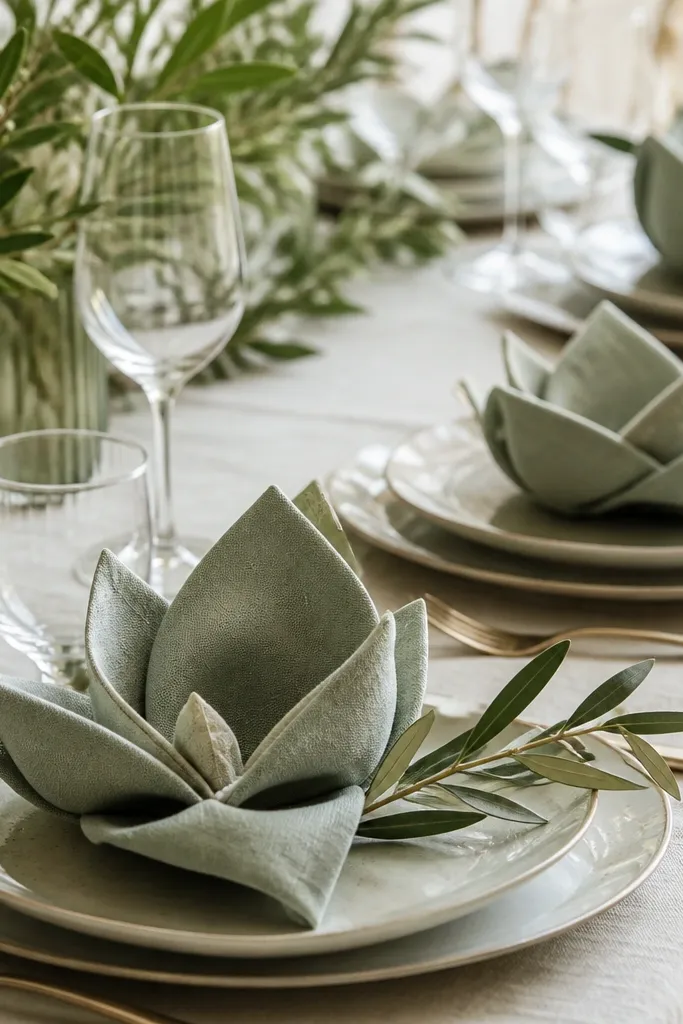 Folded fabric napkins shaped like flowers placed at each setting, with a small sprig of greenery tucked alongside.