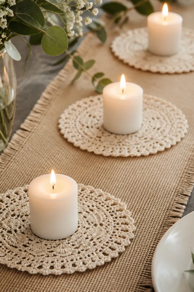 A burlap table runner with lace doilies placed under small pillar candles, creating circular texture around each flame.