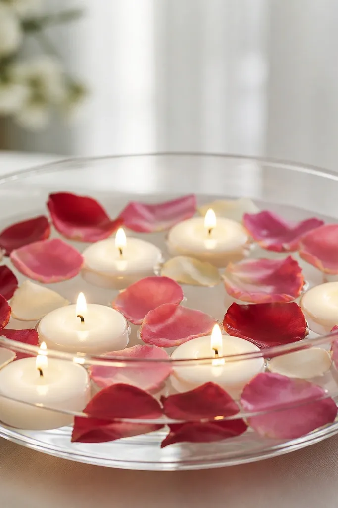 A shallow glass bowl filled with water, floating tea lights, and scattered faux rose petals around the surface.