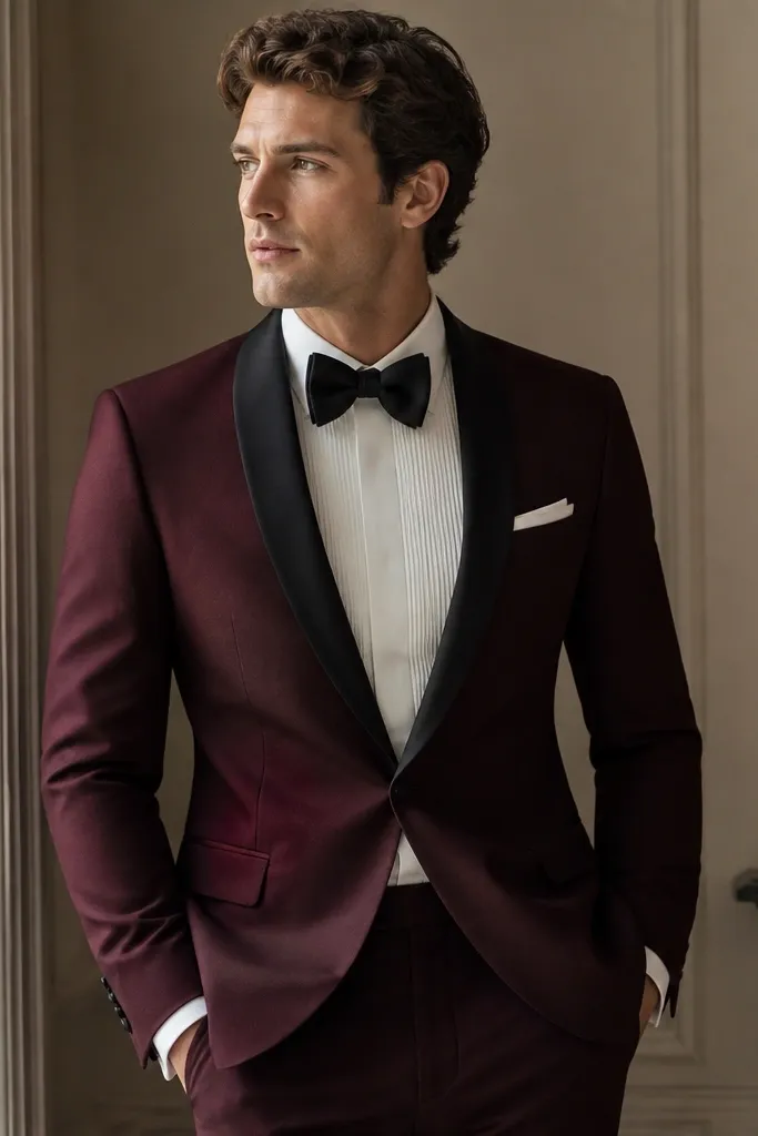 A deep oxblood burgundy suit jacket and trousers paired with a cream dress shirt featuring a structured bib front, finished with a black satin bow tie. The lapels are slightly glossy, and a folded white pocket square peeks from the breast pocket.