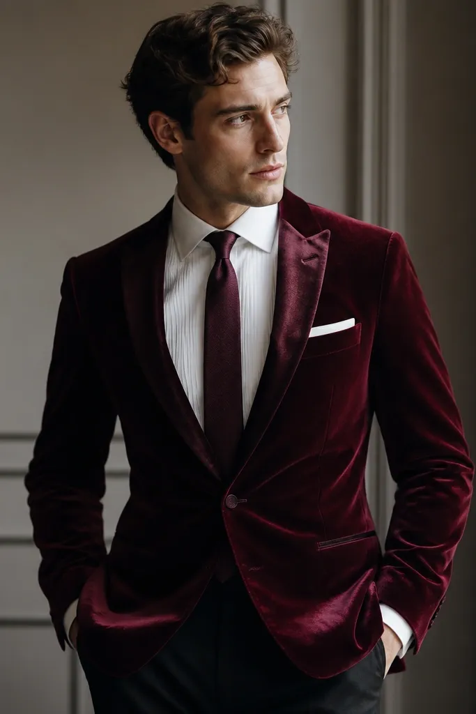 A burgundy velvet blazer with a subtle sheen, paired with a crisp white pleated front shirt. A burgundy silk tie matches the blazer tone, and a small white pocket square is tucked neatly.