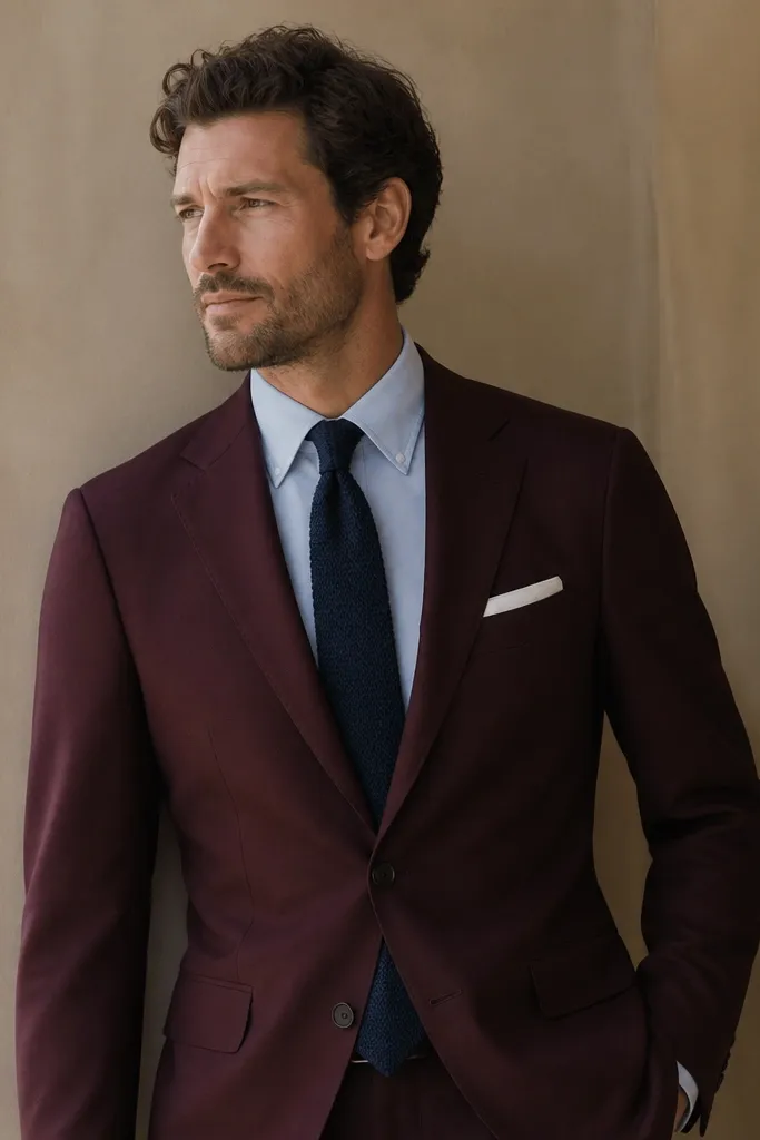 A wine burgundy suit with a light blue button-down shirt. The tie is a navy knit style with visible texture, and the pocket square is a simple white linen fold.