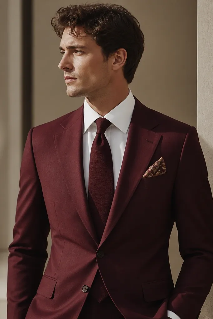 A burgundy suit with a white dress shirt and a patterned pocket square featuring burgundy and warm gold accents. The tie is solid burgundy, and the lapels are clean and structured.