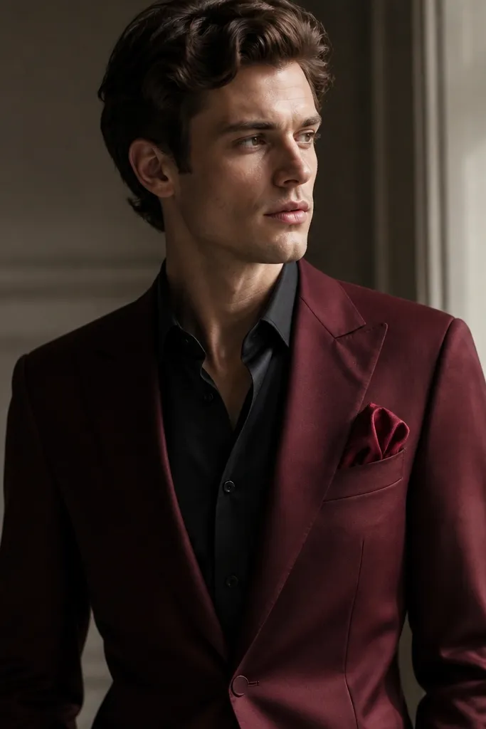 A cherry burgundy suit worn with a black dress shirt. A deep red pocket square is folded in a puff style, and the overall look has high-contrast lighting and sharp lapel lines.