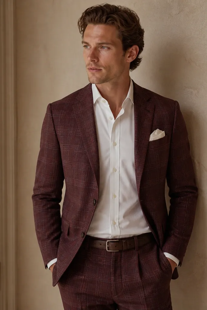 A burgundy check-pattern suit with trousers and jacket, worn with a solid ivory dress shirt. A dark brown leather belt is visible at the waist, and the pocket square is a simple ivory linen square.