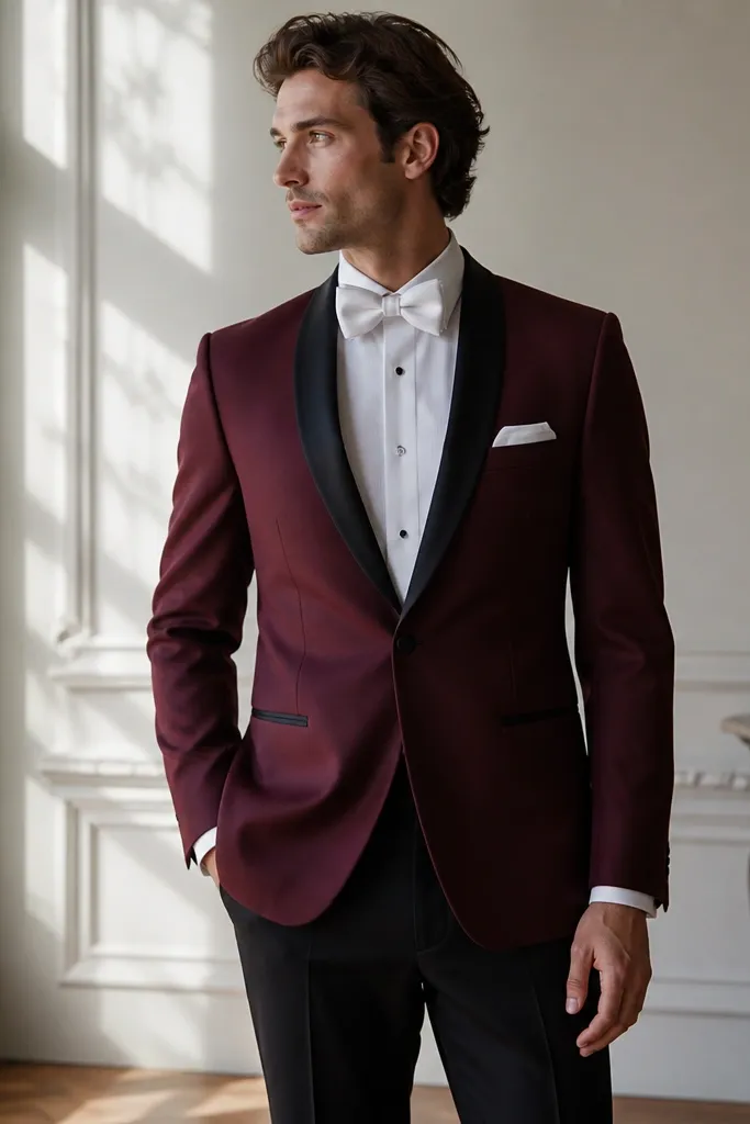 A burgundy tuxedo jacket with black lapel trim and buttons. A crisp white bow tie sits at the collar, and a white pocket square is folded neatly. The trousers are tailored and flat-front.