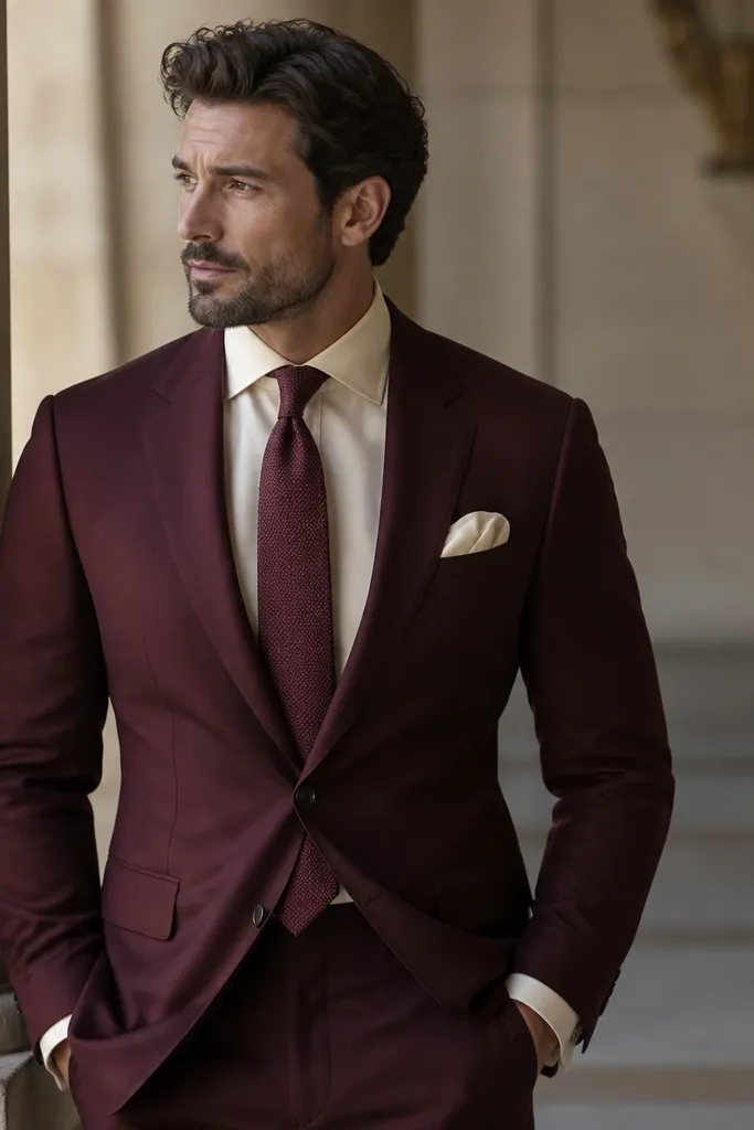 A burgundy suit paired with a champagne-toned dress shirt. The shirt shows subtle cuff detail, and the pocket square is champagne or off-white. The tie is either champagne or a burgundy shade with a warm undertone.