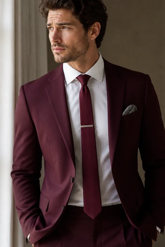 A burgundy suit with a white shirt and a solid burgundy tie. A silver tie clip holds the tie in place, and a folded grey pocket square adds a muted accent.