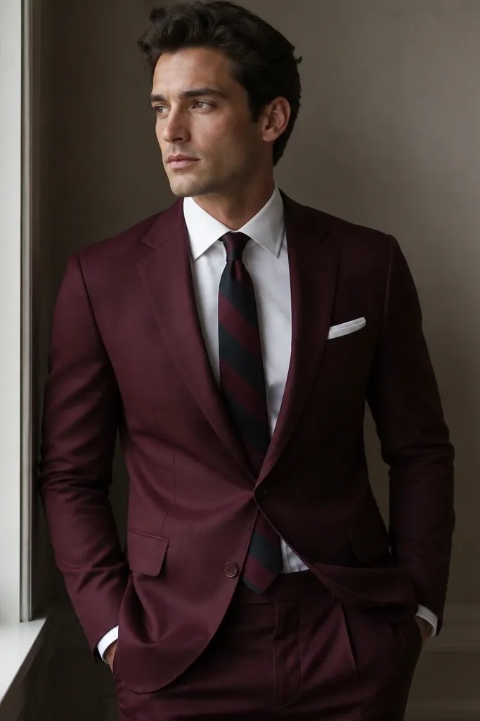 A burgundy suit and trousers with a white dress shirt. The tie is a black-and-burgundy striped design, and the pocket square is plain white with crisp edges.