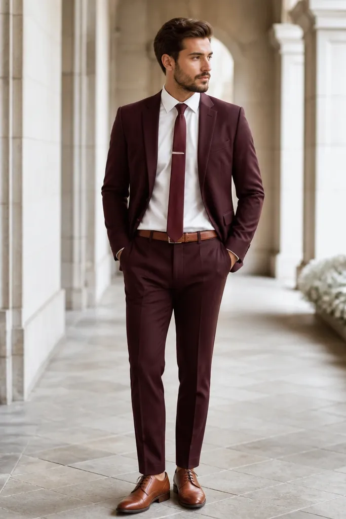 A full-length photo of a groomsman in a deep wine-burgundy tailored wool suit, crisp cream dress shirt, burgundy satin tie, and a small gold tie bar centered on the tie. Cognac leather belt and matching lace-up shoes complete the look.