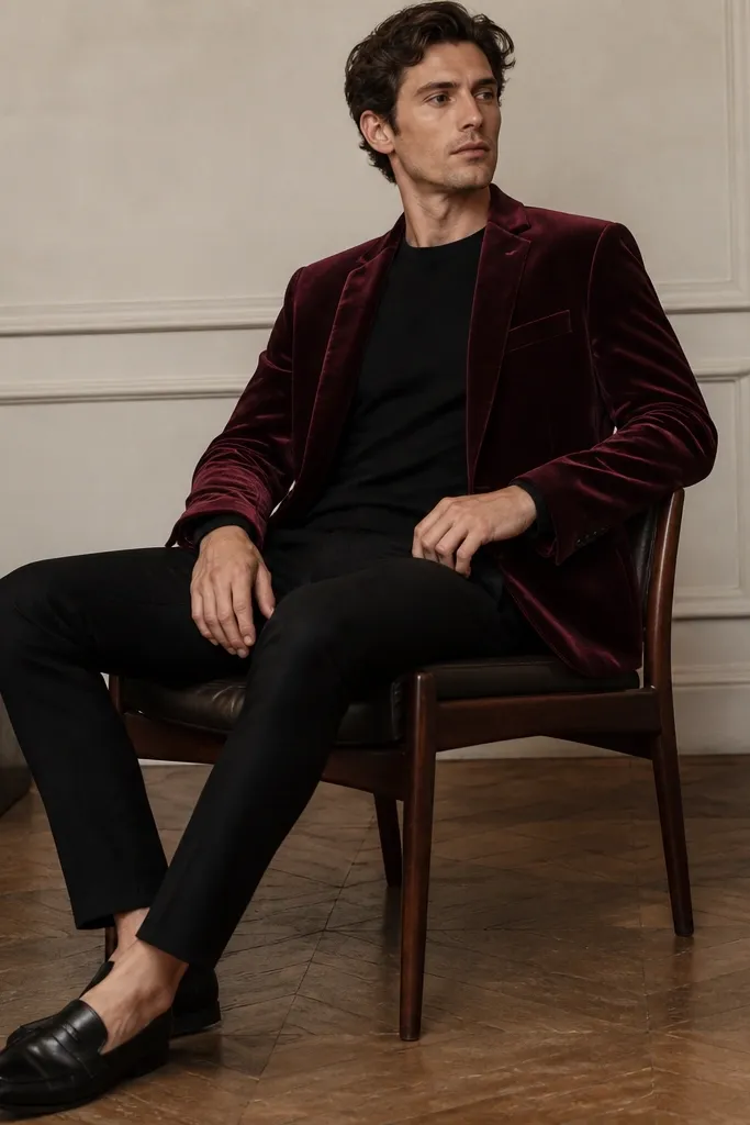 A burgundy velvet blazer worn open over a black crew-neck shirt, paired with slim black trousers. The velvet shows subtle pile variation, and black leather loafers sit at the bottom of the frame.
