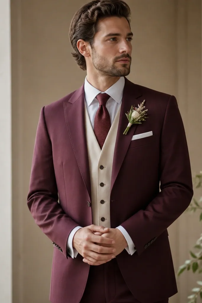 A three-piece set: burgundy jacket and trousers with a champagne-gold vest. A white dress shirt peeks out at the collar, and the tie is a burgundy grenadine-style fabric. The person stands in a wedding-ready pose with hands clasped.