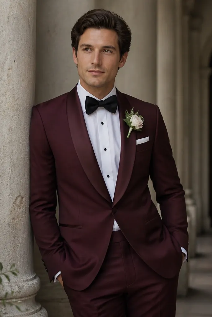 A deep burgundy tuxedo jacket with satin lapels, paired with ivory dress shirt and a black bow tie. The trousers match the jacket, and the overall look is styled for a formal wedding portrait.