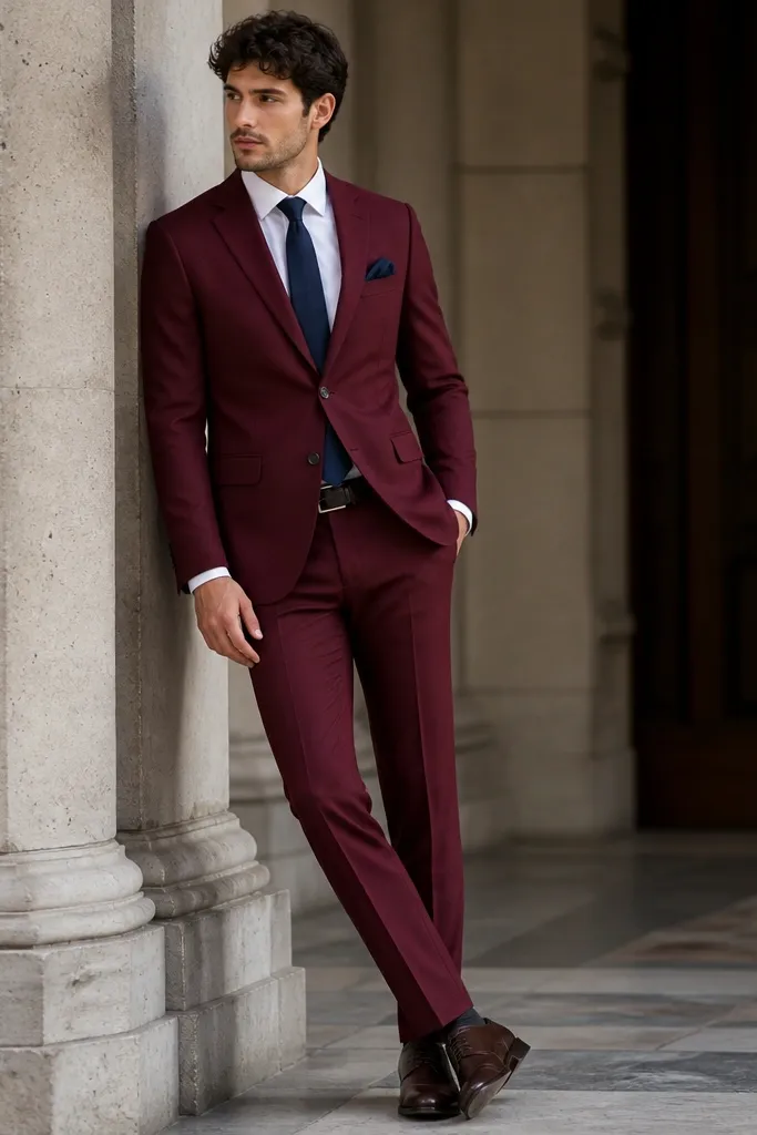 A burgundy suit with a navy tie and navy pocket square, plus a navy belt buckle detail. The shirt is white, and the shoes are dark brown leather.