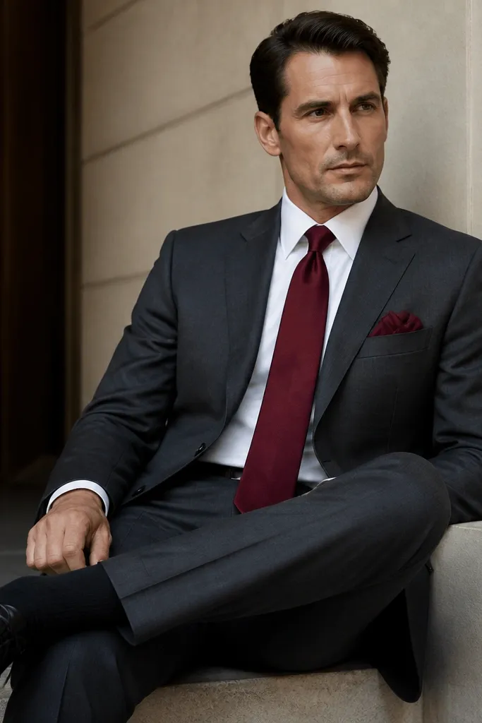 A charcoal gray suit with a burgundy satin tie and matching burgundy pocket square. The shirt is white, and the shoes are polished black leather.