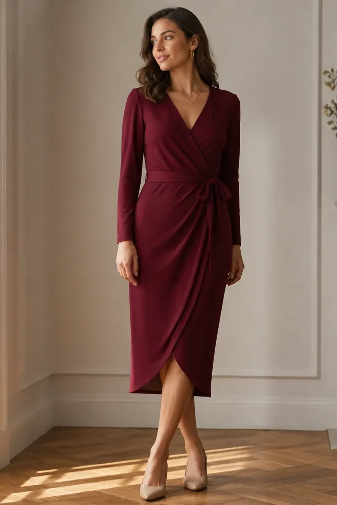 A burgundy wrap dress on a woman, with a V-neck and tied waist. The look includes gold hoop earrings, a delicate layered necklace, and low-heel nude pumps.