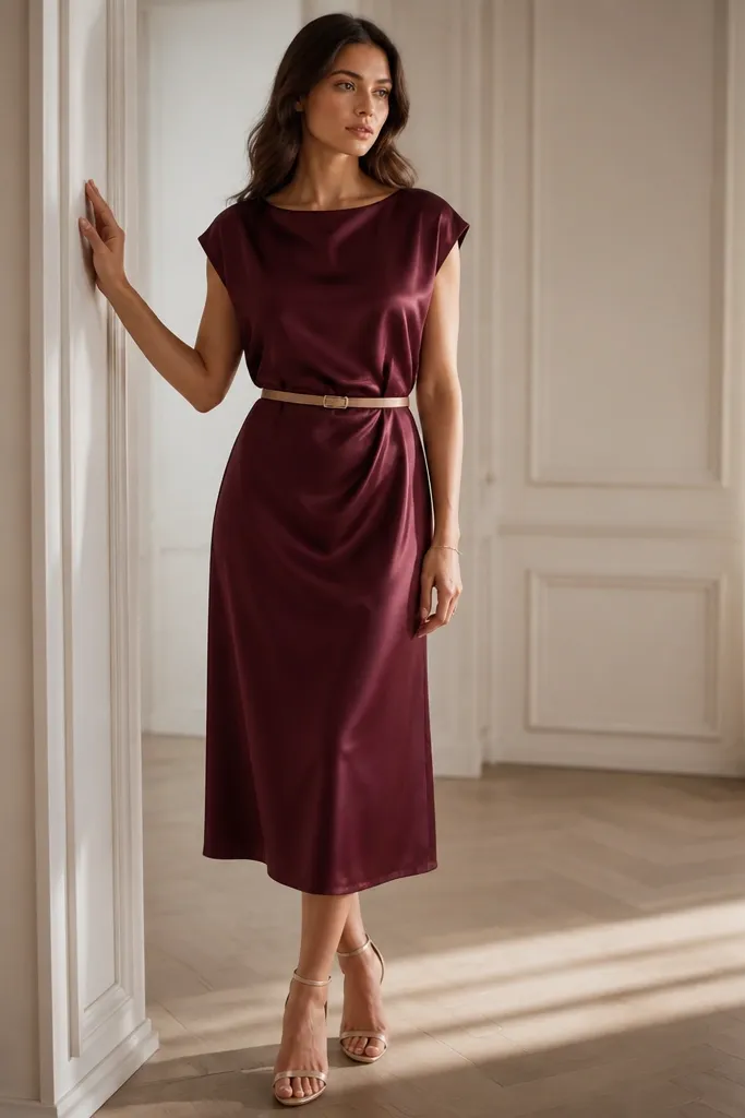 A burgundy satin midi dress with a subtle sheen, styled with a thin champagne-gold belt at the waist. The hem falls around the mid-calf, and the shoes are metallic nude with a slim strap.