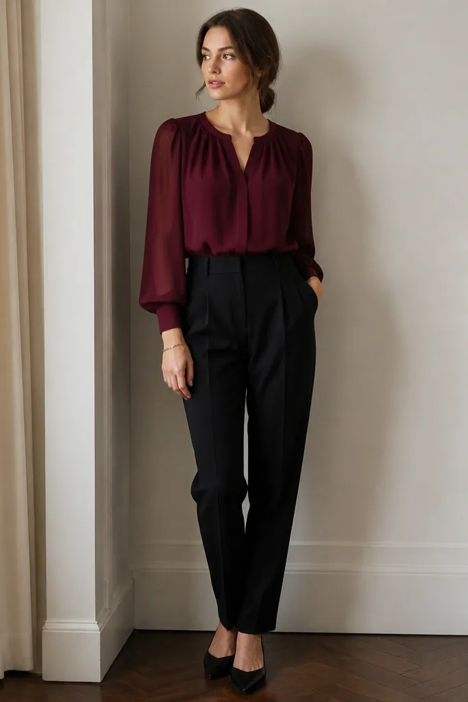 A burgundy chiffon blouse with a soft drape and gentle puff sleeves, tucked into black high-waist trousers. The look includes a thin gold bracelet and black pointed-toe flats.