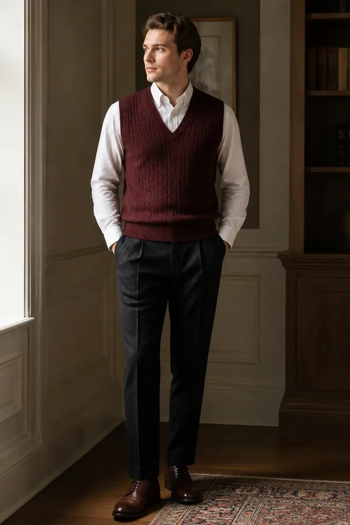 A burgundy knit vest layered over a white oxford button-down shirt, with tailored dark trousers. The vest texture is visible, and the person wears brown leather lace-up shoes.