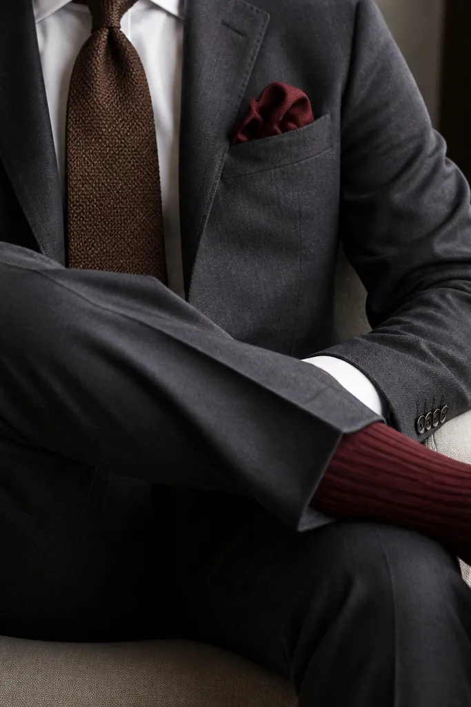 Close-up style photo of a burgundy pocket square peeking from a suit jacket, paired with burgundy socks visible beneath tailored trousers. The tie is a neutral (cream or deep brown) to let burgundy accents match.