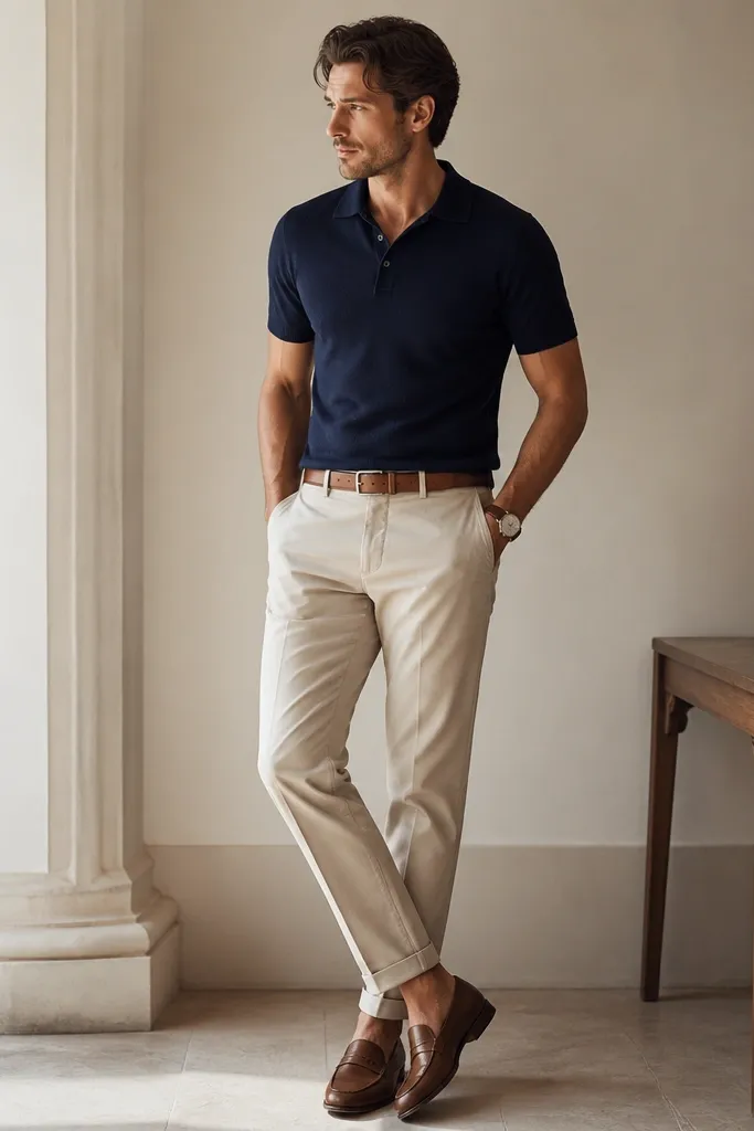 A navy short-sleeve knit polo tucked into light stone chinos with a tan leather belt and brown loafers; a simple wristwatch is visible.