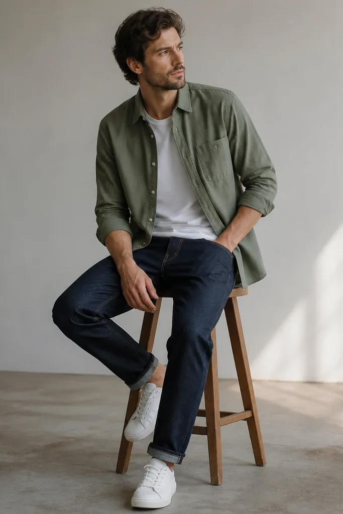 An olive chambray button-down worn slightly open over a white tee, paired with dark indigo jeans and white minimal sneakers.