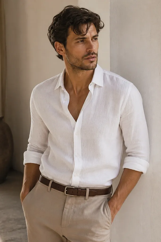 A slightly wrinkled-but-neat white linen button-down (sleeves rolled) with tan tailored trousers and a brown leather belt.