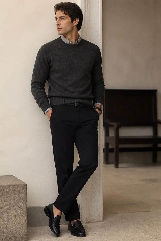 A charcoal crewneck sweater layered over a neutral shirt, paired with black chinos and black loafers; a watch and belt match in tone.