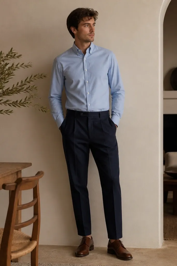 A light blue Oxford shirt buttoned with sleeves down, paired with navy pleated chinos and brown lace-up shoes.