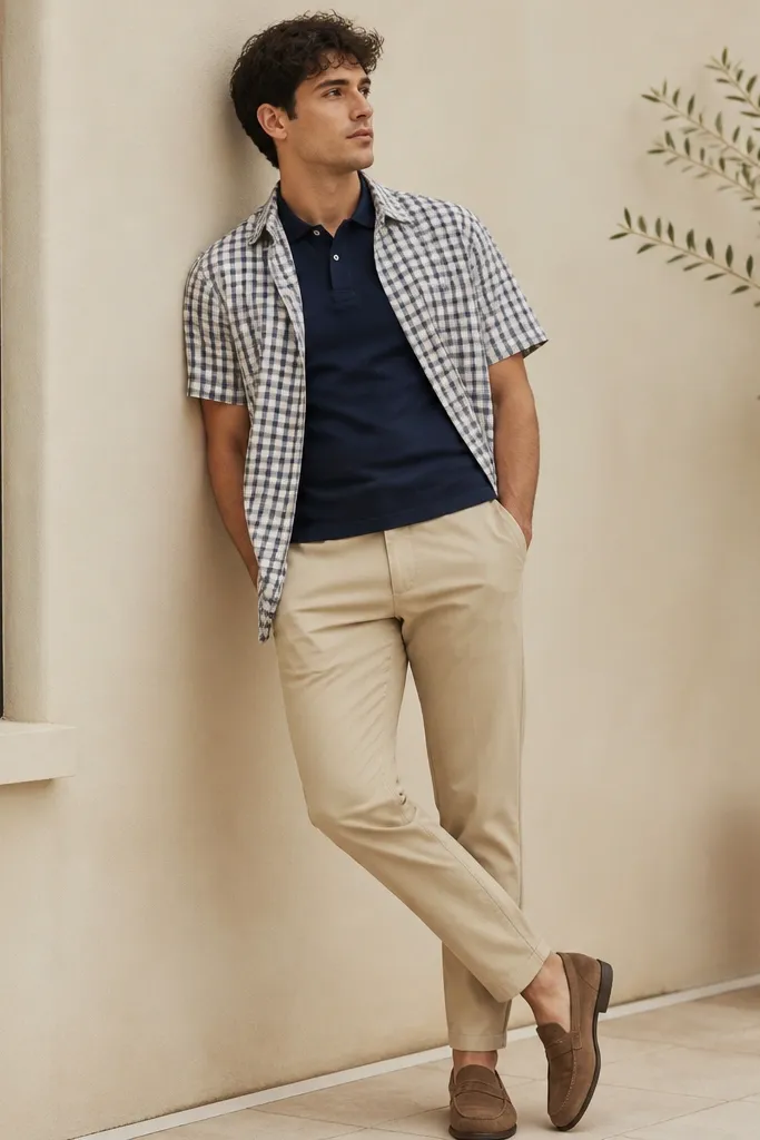 A checkered short-sleeve shirt worn open over a solid polo, paired with beige chinos and loafers.