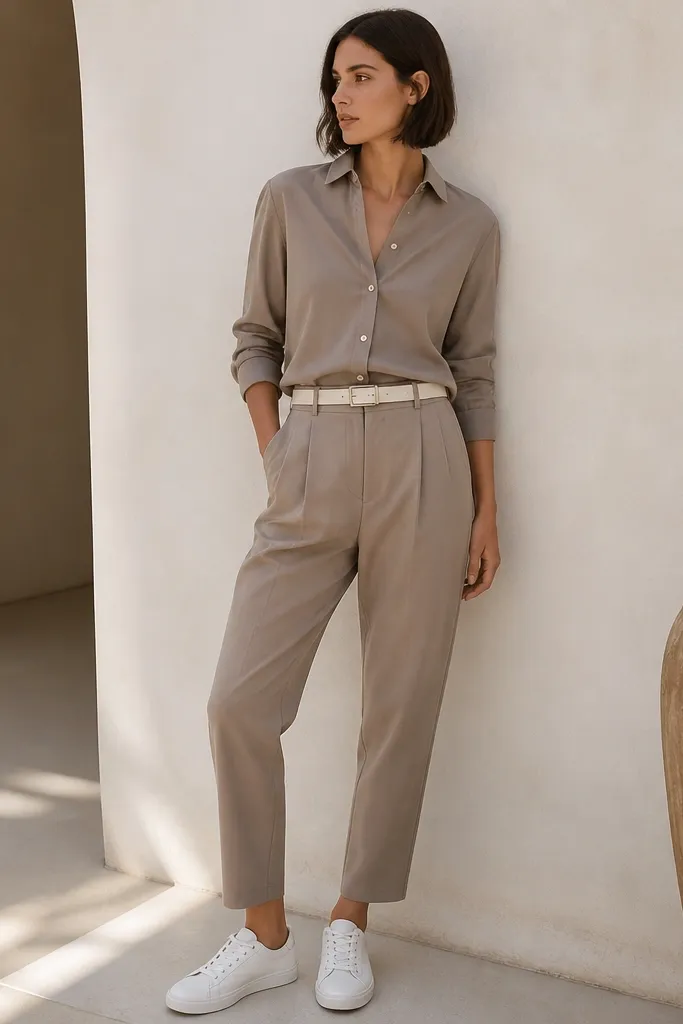 A taupe button-down and matching taupe trousers with a cream belt and clean white sneakers; minimal accessories.