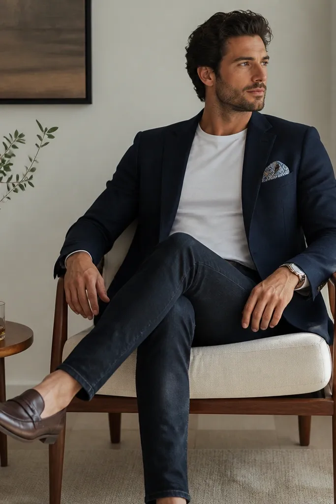 A deep navy blazer worn over a plain white tee, paired with dark jeans and leather loafers; a pocket square peeks out.