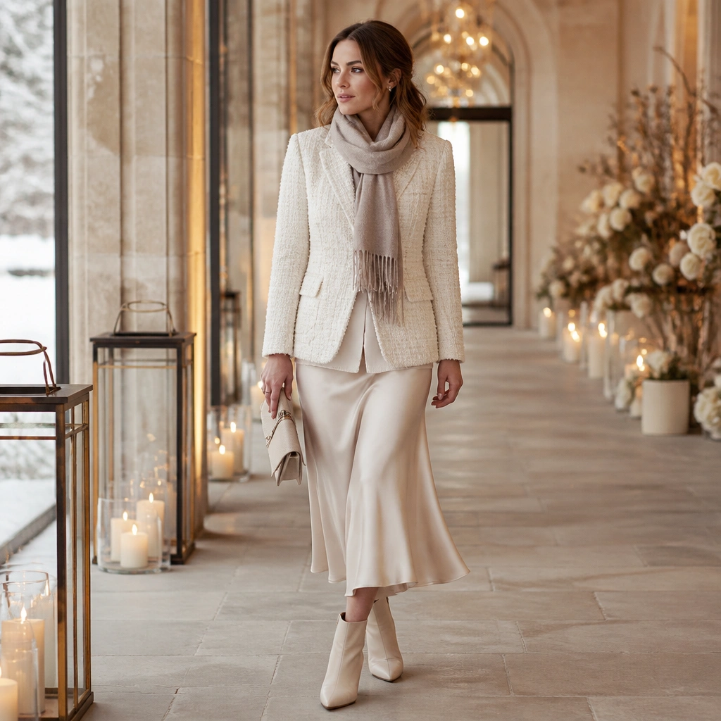 Model wearing a cream tweed blazer over a champagne satin midi skirt, paired with pointed-toe ankle boots and a soft taupe knit scarf. Background is a winter wedding venue corridor with warm lighting.