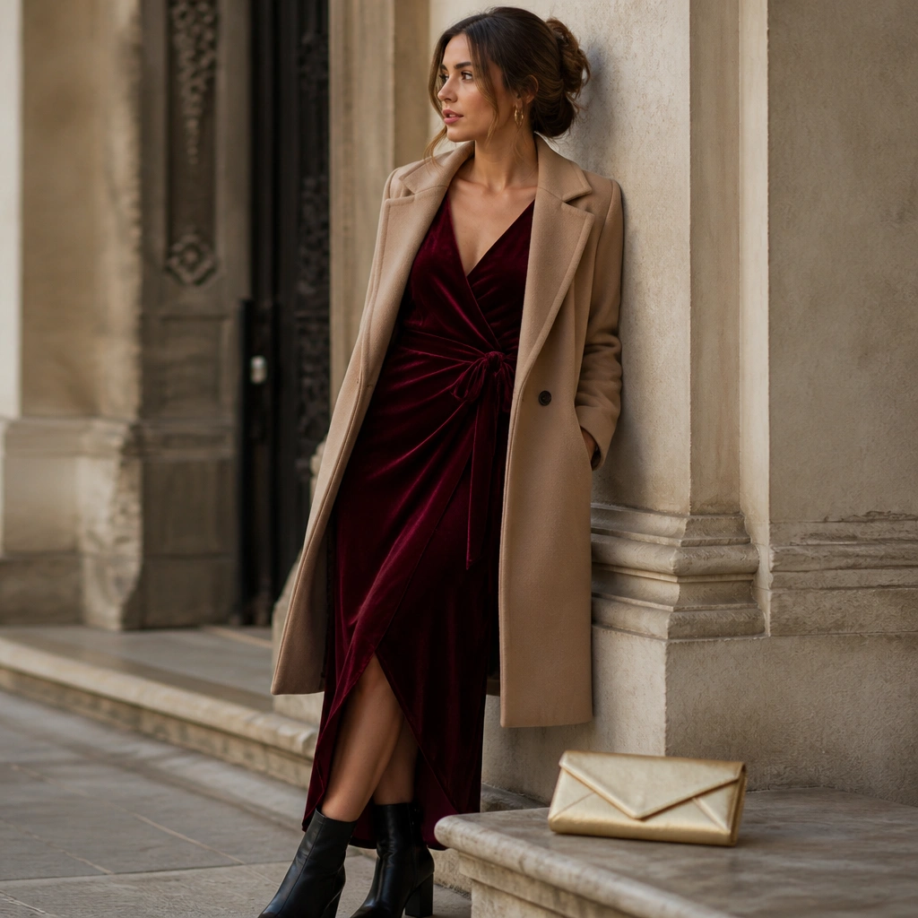 Deep burgundy velvet wrap dress with a V-neck and tie waist, layered with a camel wool overcoat and black block-heel boots. A small gold clutch sits in the foreground.