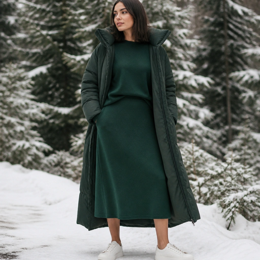 Emerald green merino sweater and matching midi skirt set, tucked slightly at the waist, styled with white leather sneakers and a long dark green puffer coat. Background shows snow-dusted trees.